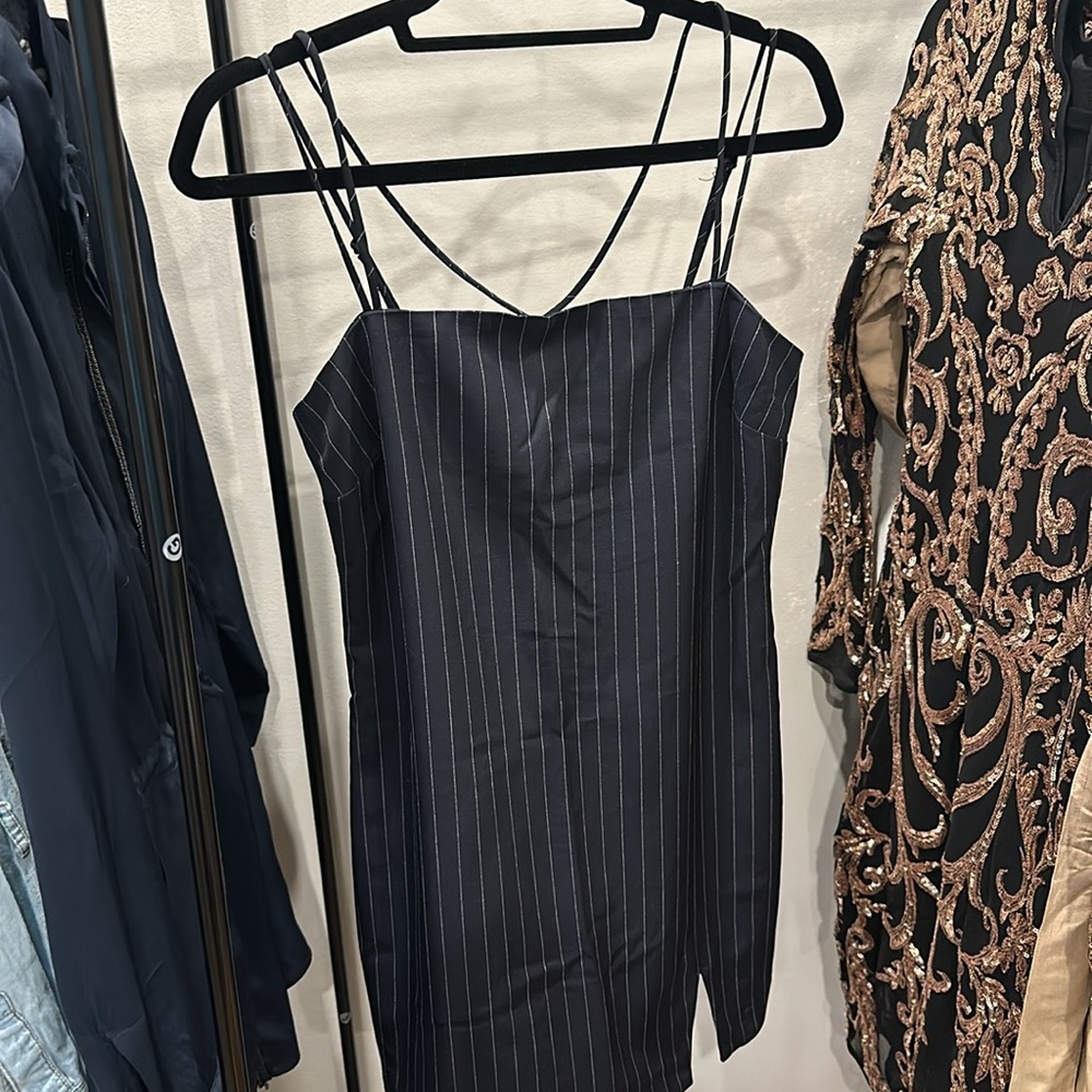 Elodie Navy White Pinstripe Strappy Mini Dress with Slit
